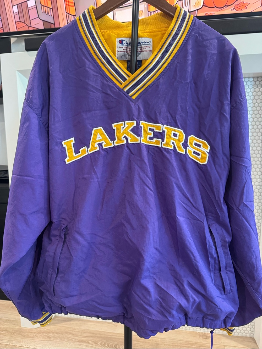 Vintage 90s Champion LA Lakers Nylon Pullover Windbreaker Jacket XL FLAWED